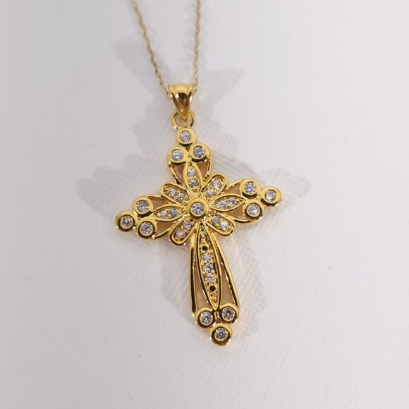 Simulated Diamonds Gold Plated Cross Pendant and Italian Chain Necklace - Picture 1 of 9